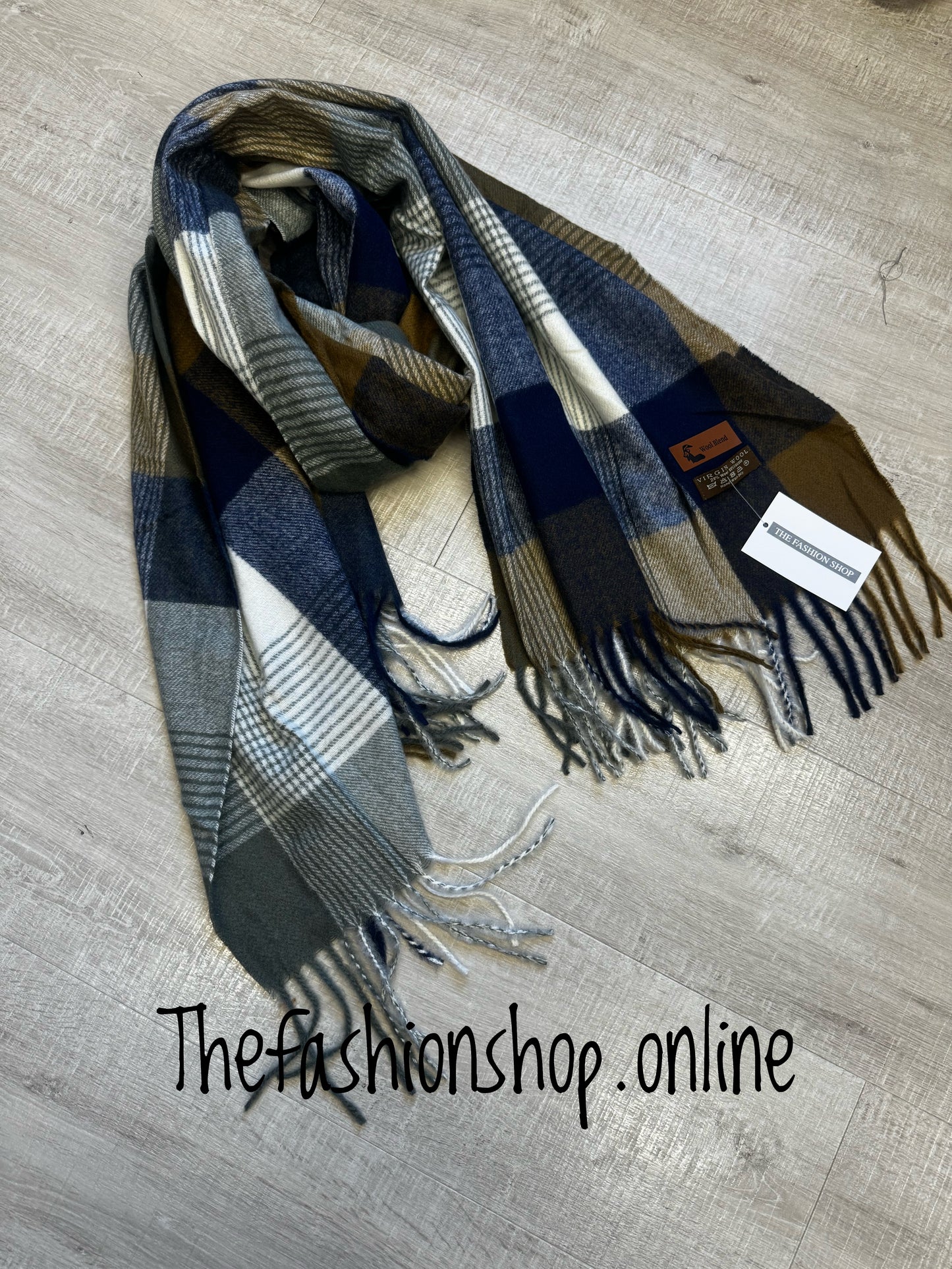 Navy Checked Virgin wool mix scarf