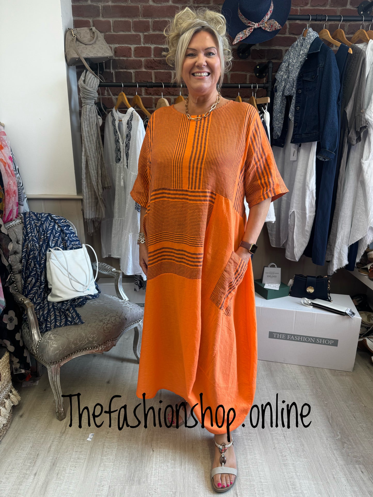Orange Funky Striped Linen Dress 14-22
