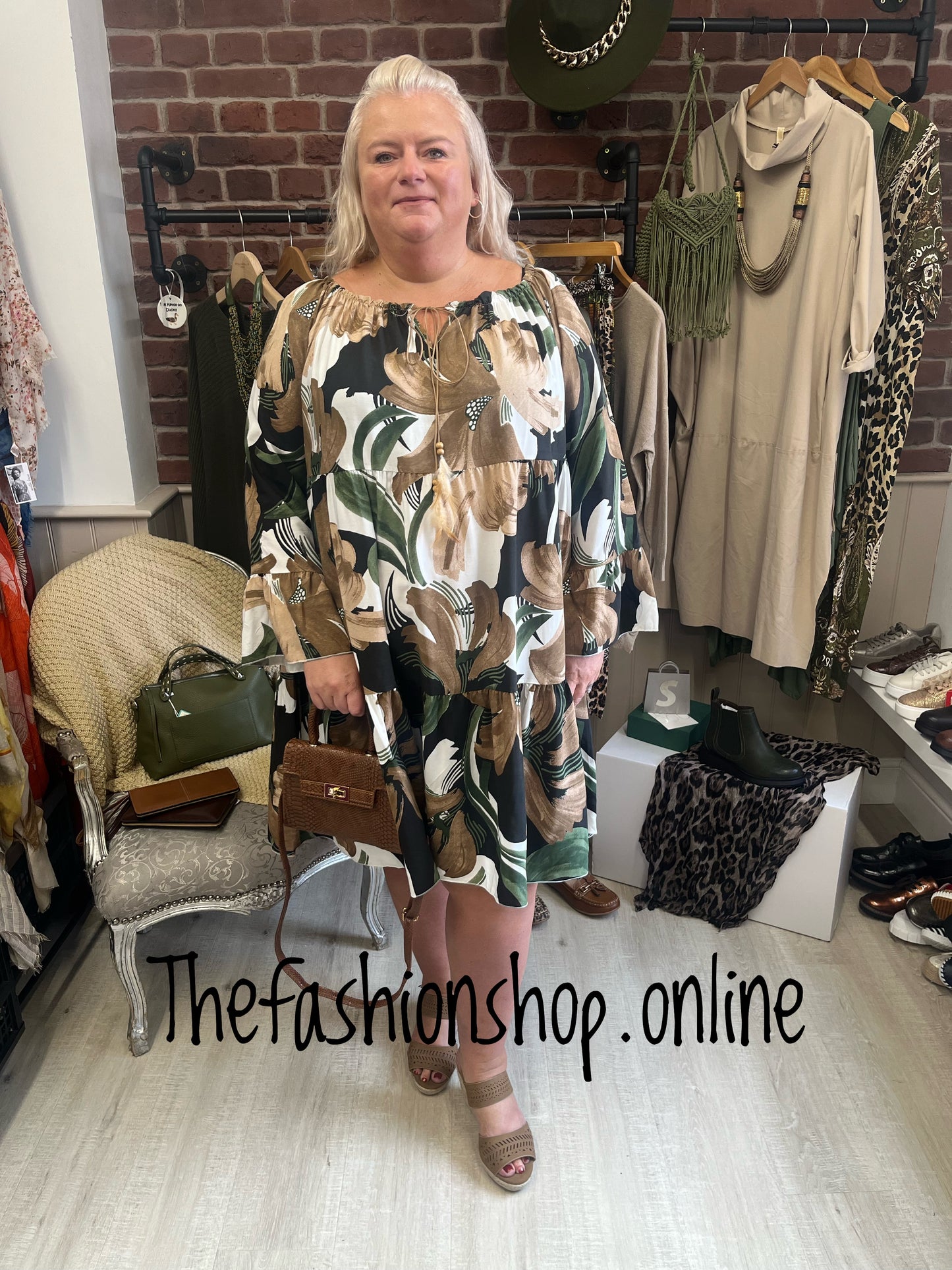 Khaki and brown tiered bardot dress 16-24