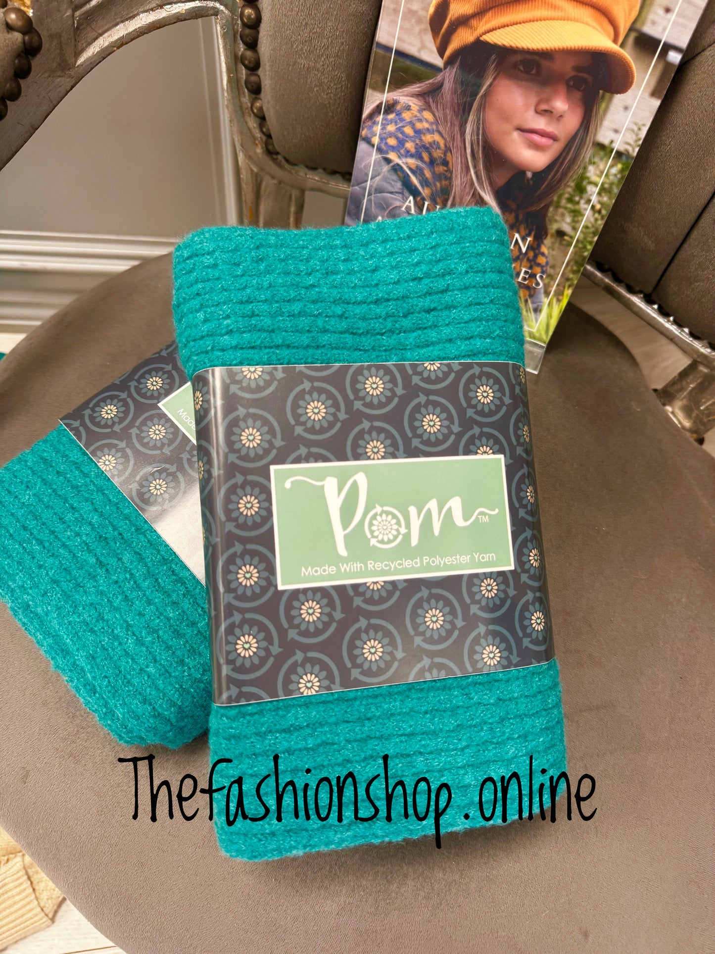 Pom teal yarn knitted scarf