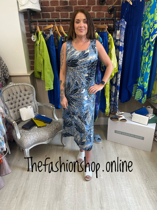 Blue Peacock Feathers in jersey dress 10-16