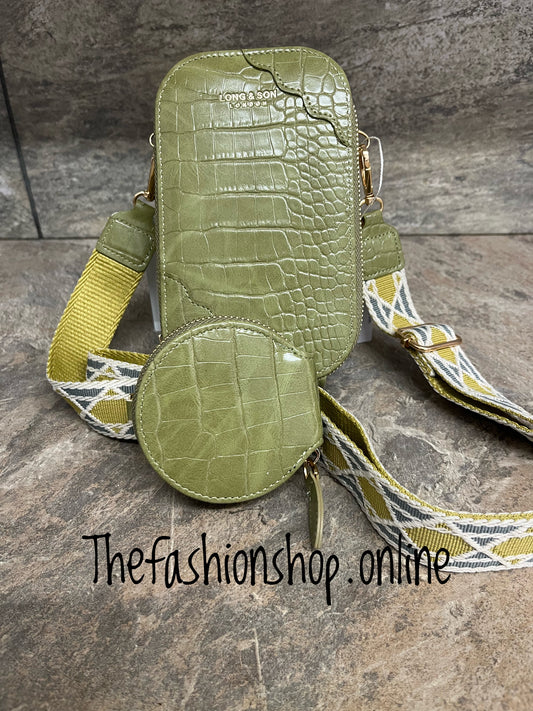 Olive mock croc shoulder bag with purse