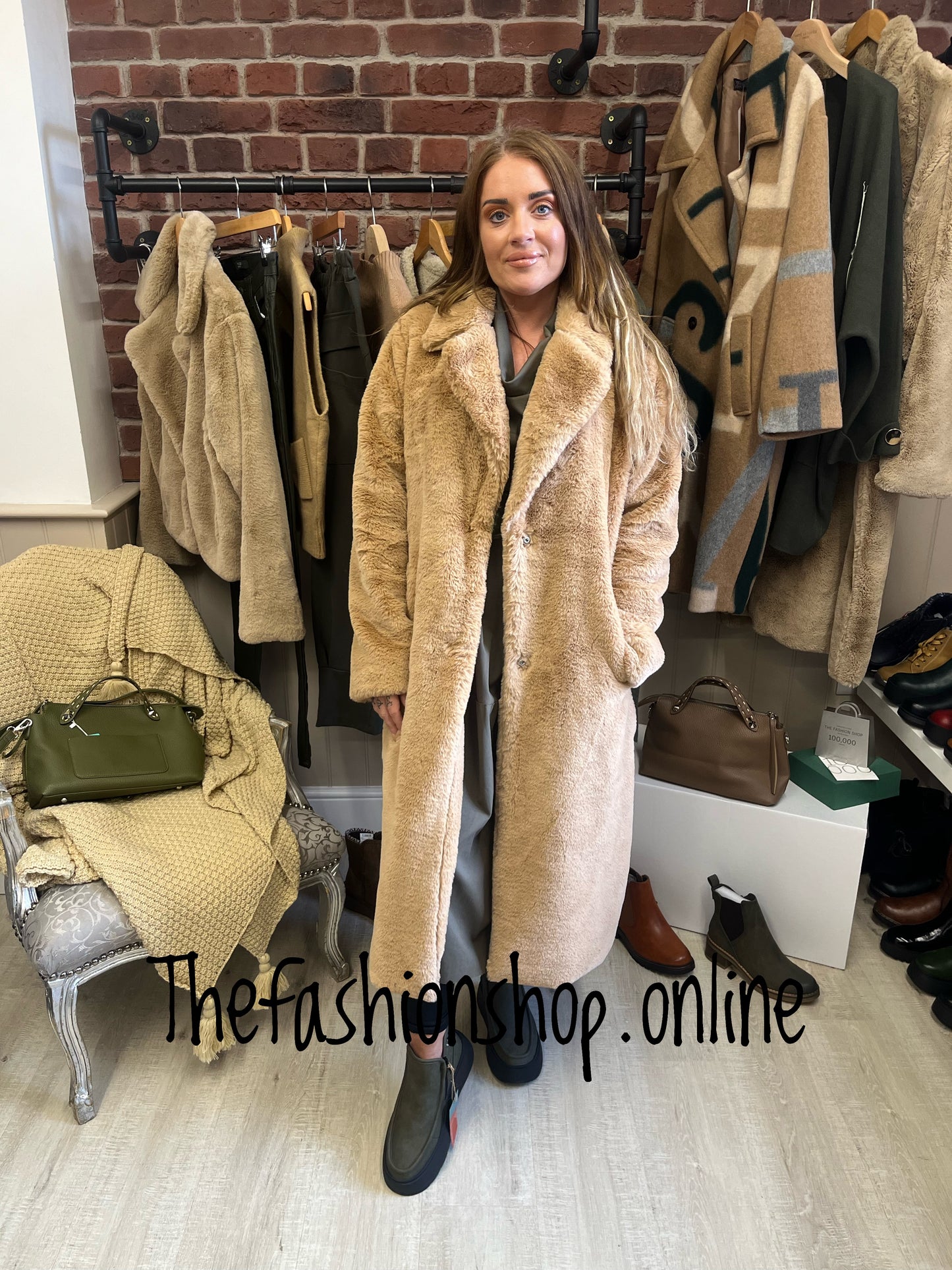 Camel long faux fur coat 8-14