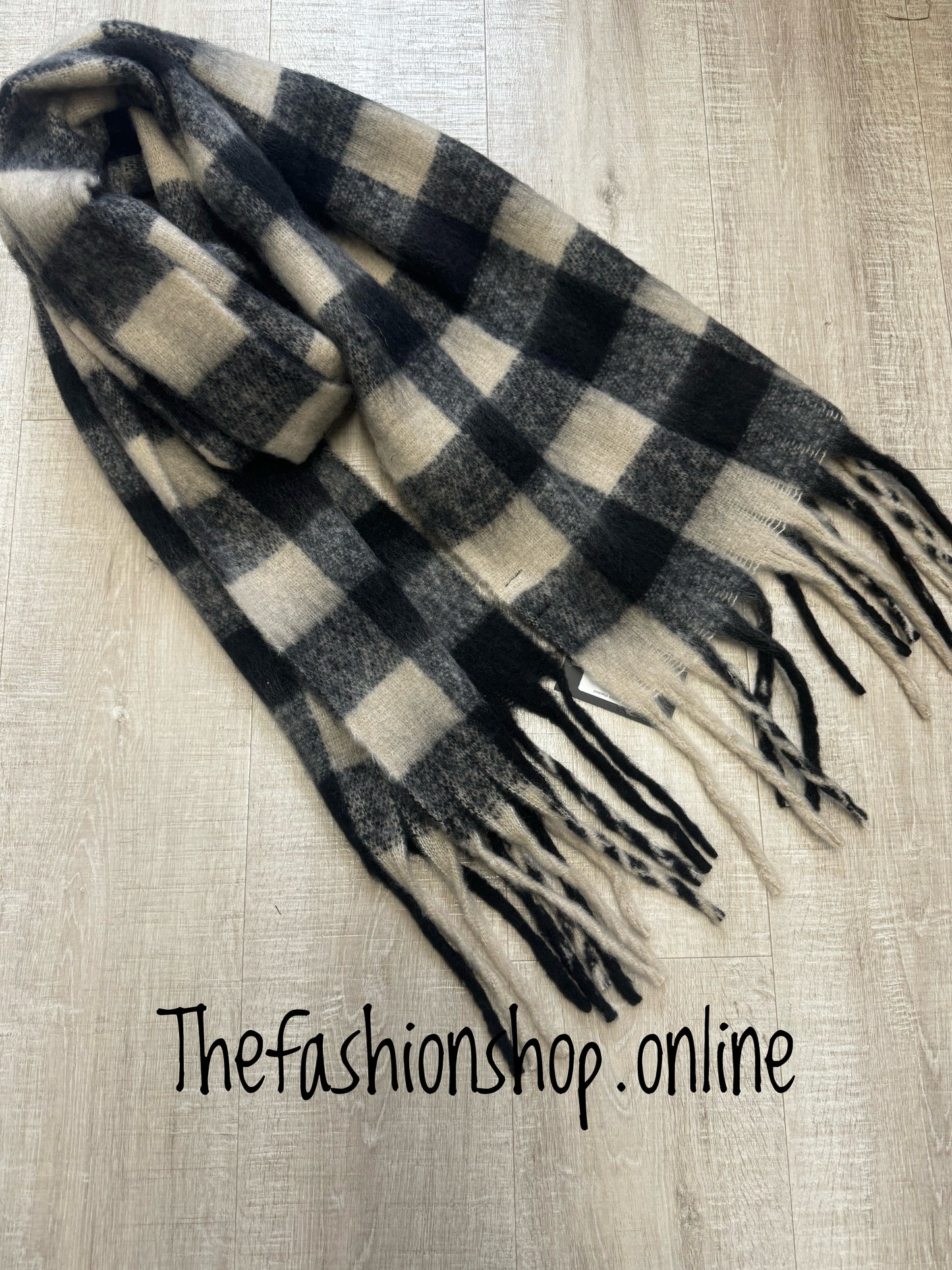 Fluffy grey and black checked scarf