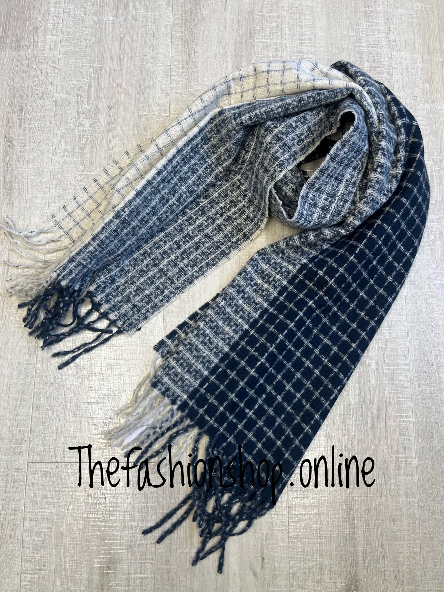 Sarah Tempest navy and cream tassel scarf