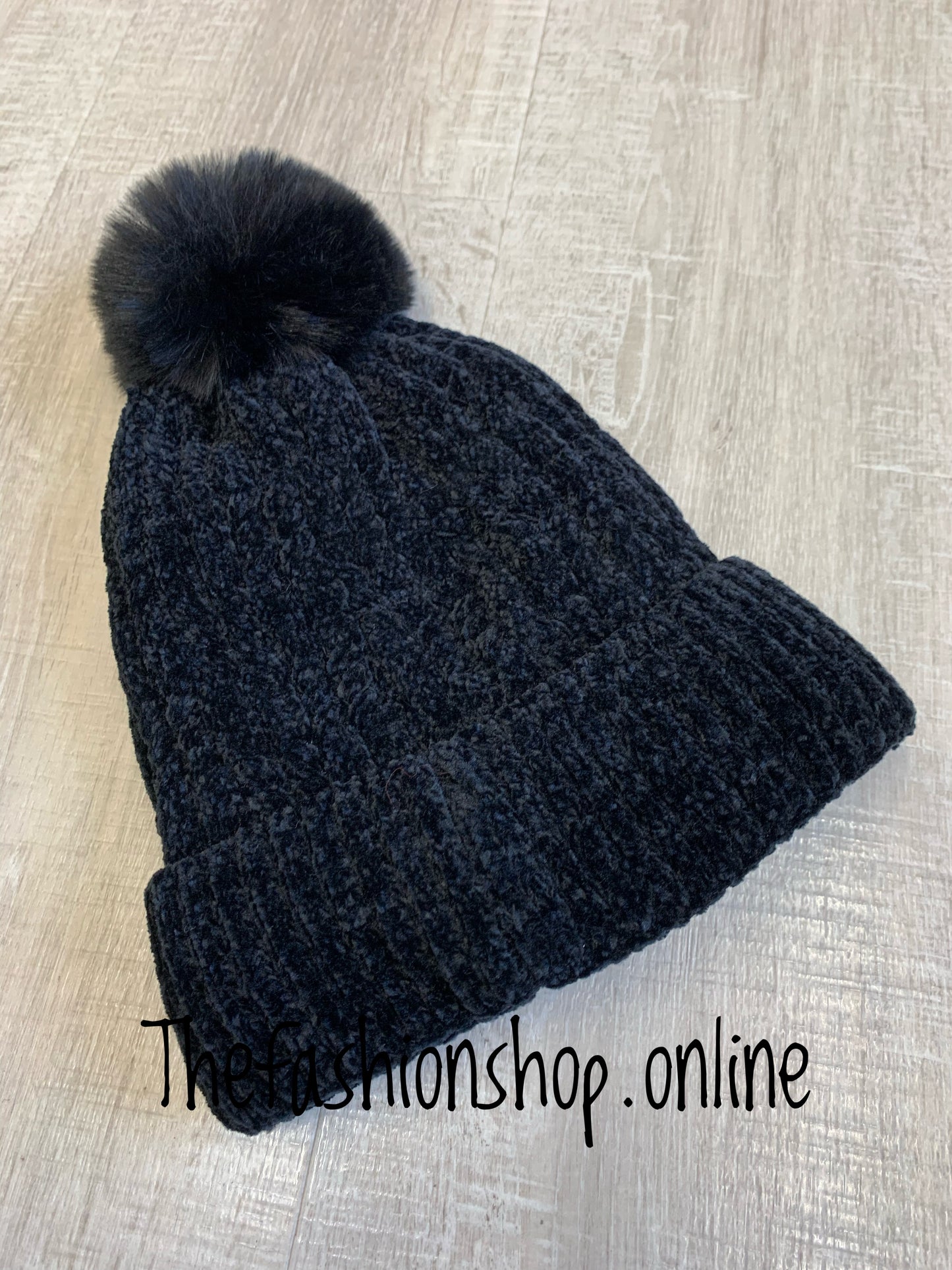 Black chenille fleece lined pompom hat