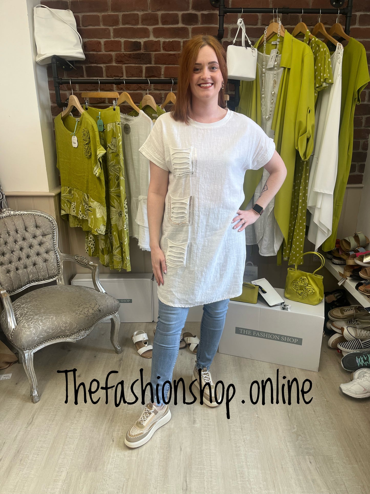 White linen mix metallic squares dress 8-14