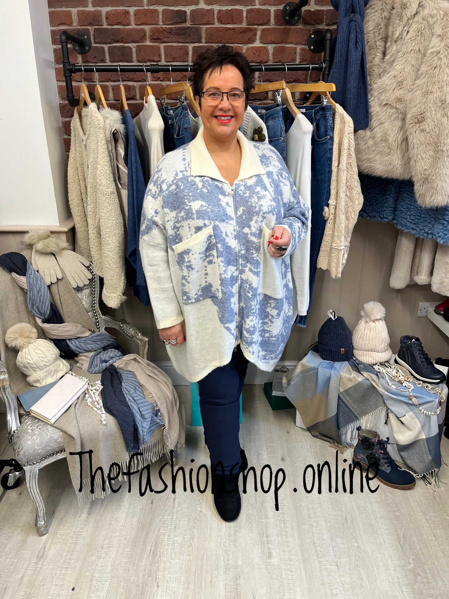 Sarah Tempest blue and cream high low patterned jacket with zip 12-24