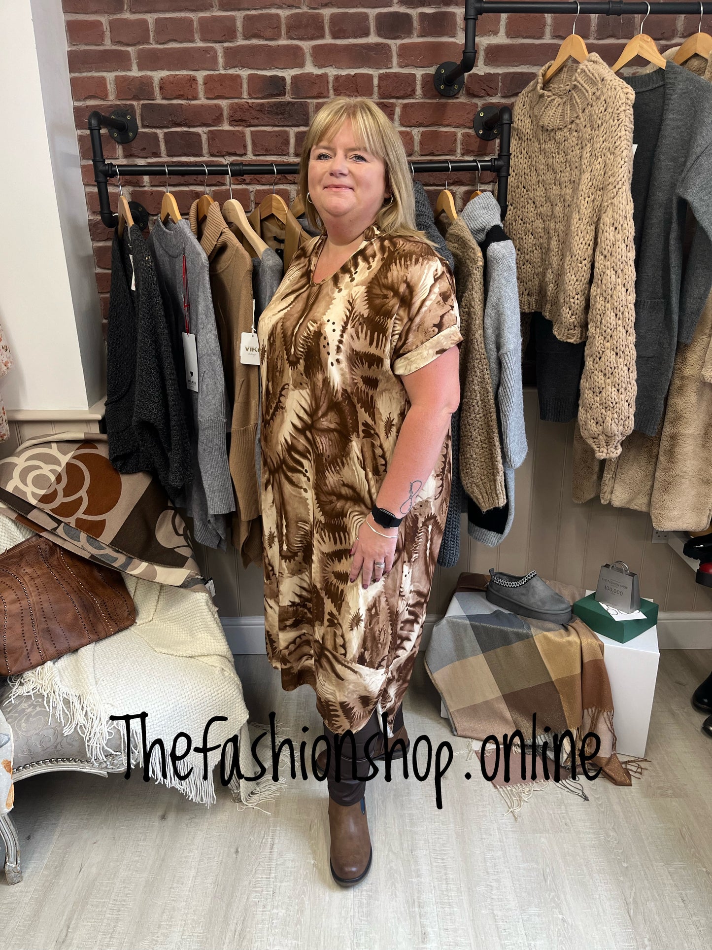 Brown tie dye high low tunic dress 16-22