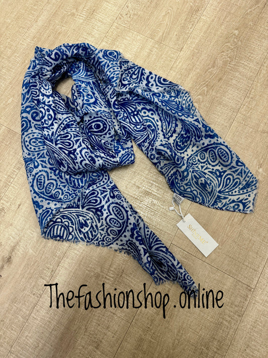 Navy and white paisley scarf