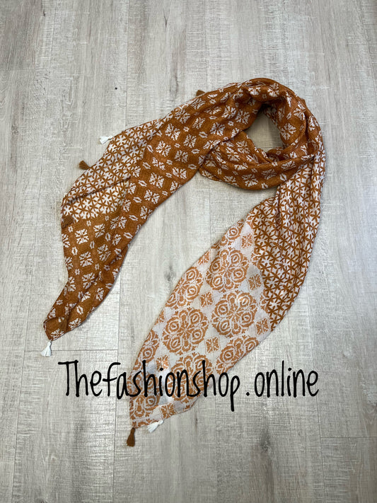 Burnt orange and white boho scarf