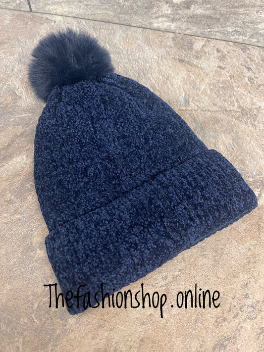 Navy chenille fleece lined pompom hat