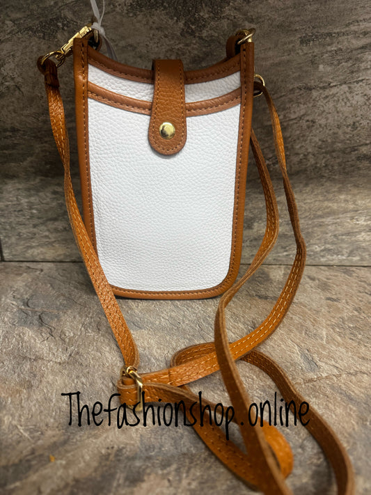 Sarah Tempest white and tan leather crossbody bag