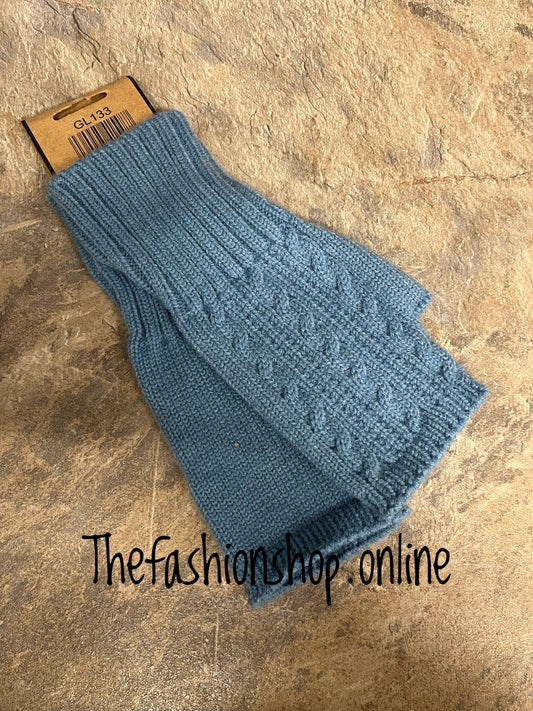 Cornflower blue fine cable knit fingerless gloves