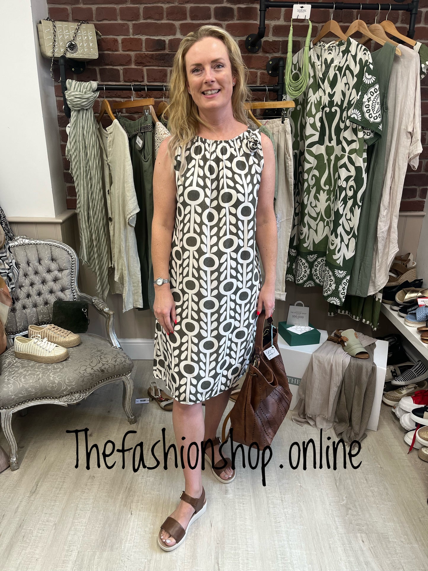 Khaki and Cream Retro sleeveless dress 12-16