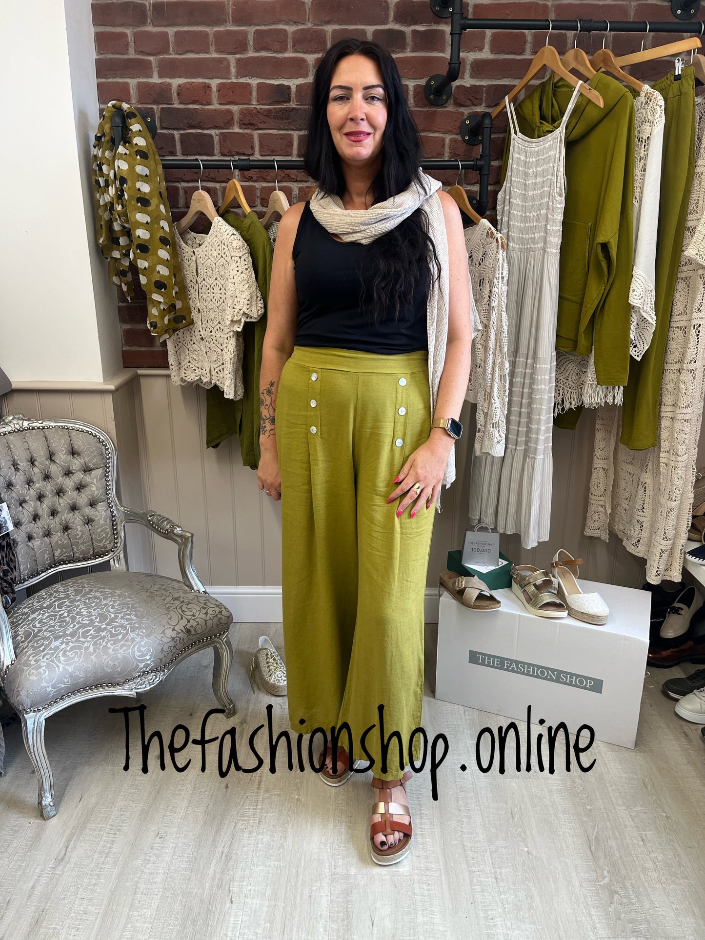 Olive wide leg linen mix trousers 10-14