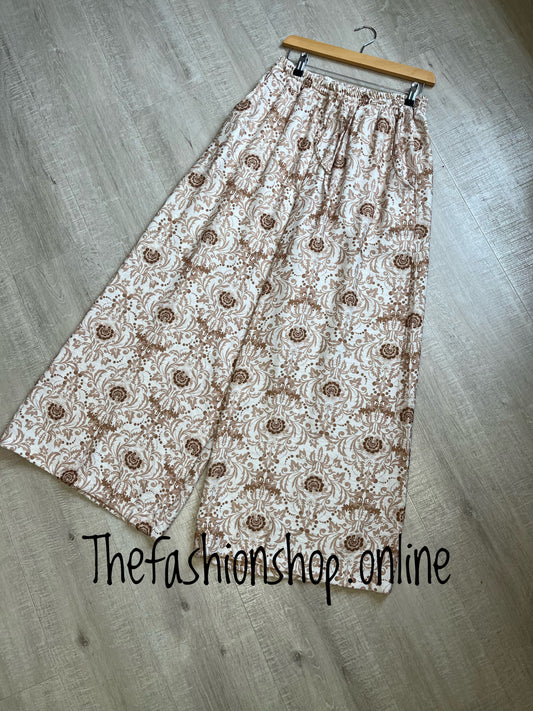 Beige and cream Damask palazzo trousers 8-16