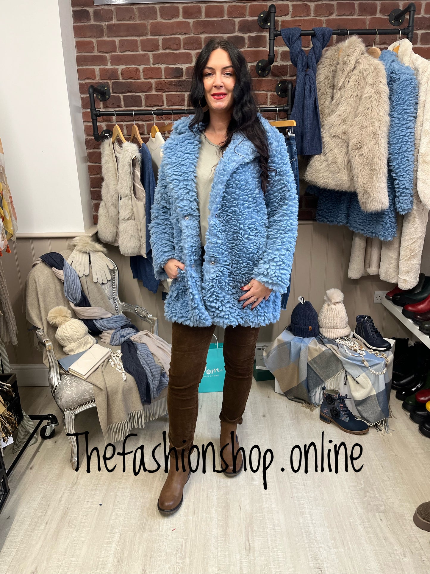 Blue mid length teddy coat 8-16