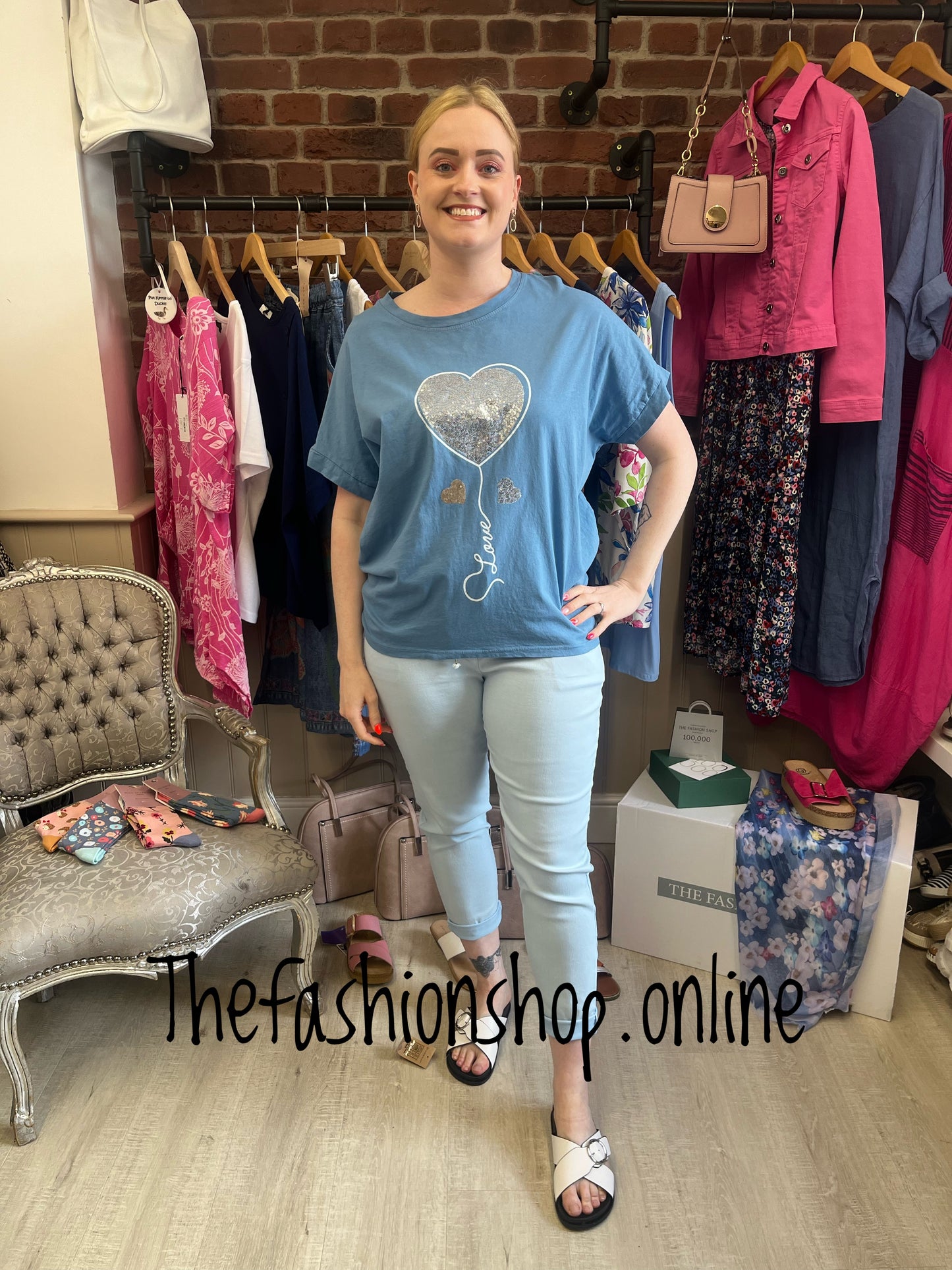 Denim blue sequin balloon heart top 8-16