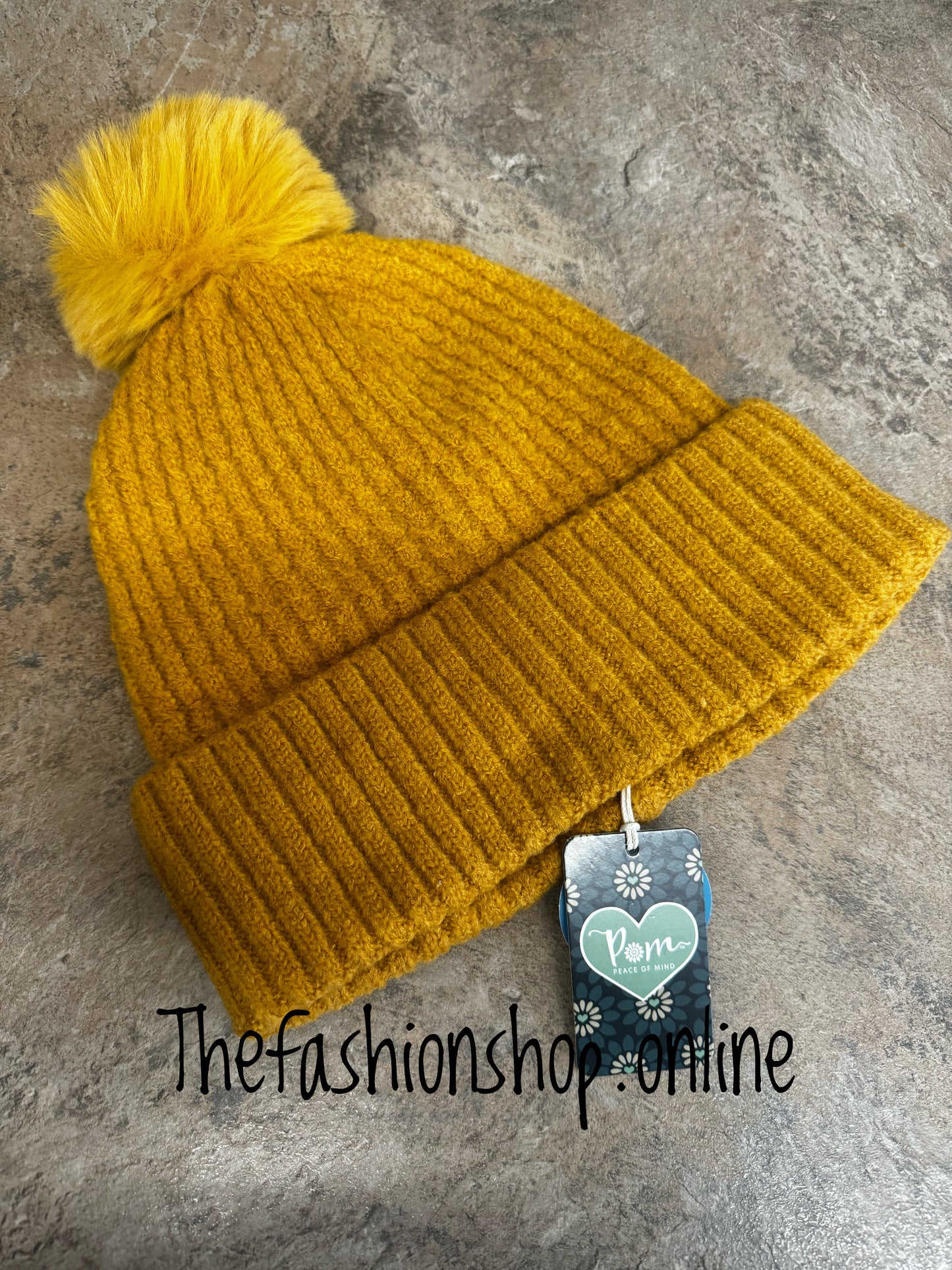 Pom mustard yarn faux fur pompom hat