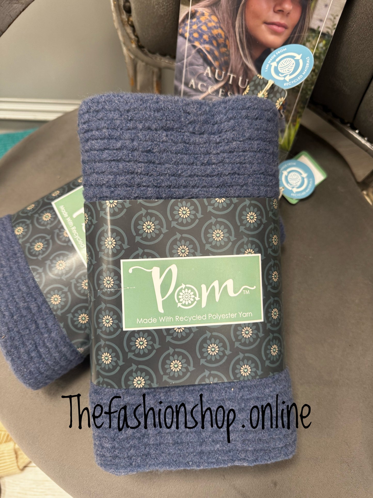 Pom dark denim yarn knitted scarf