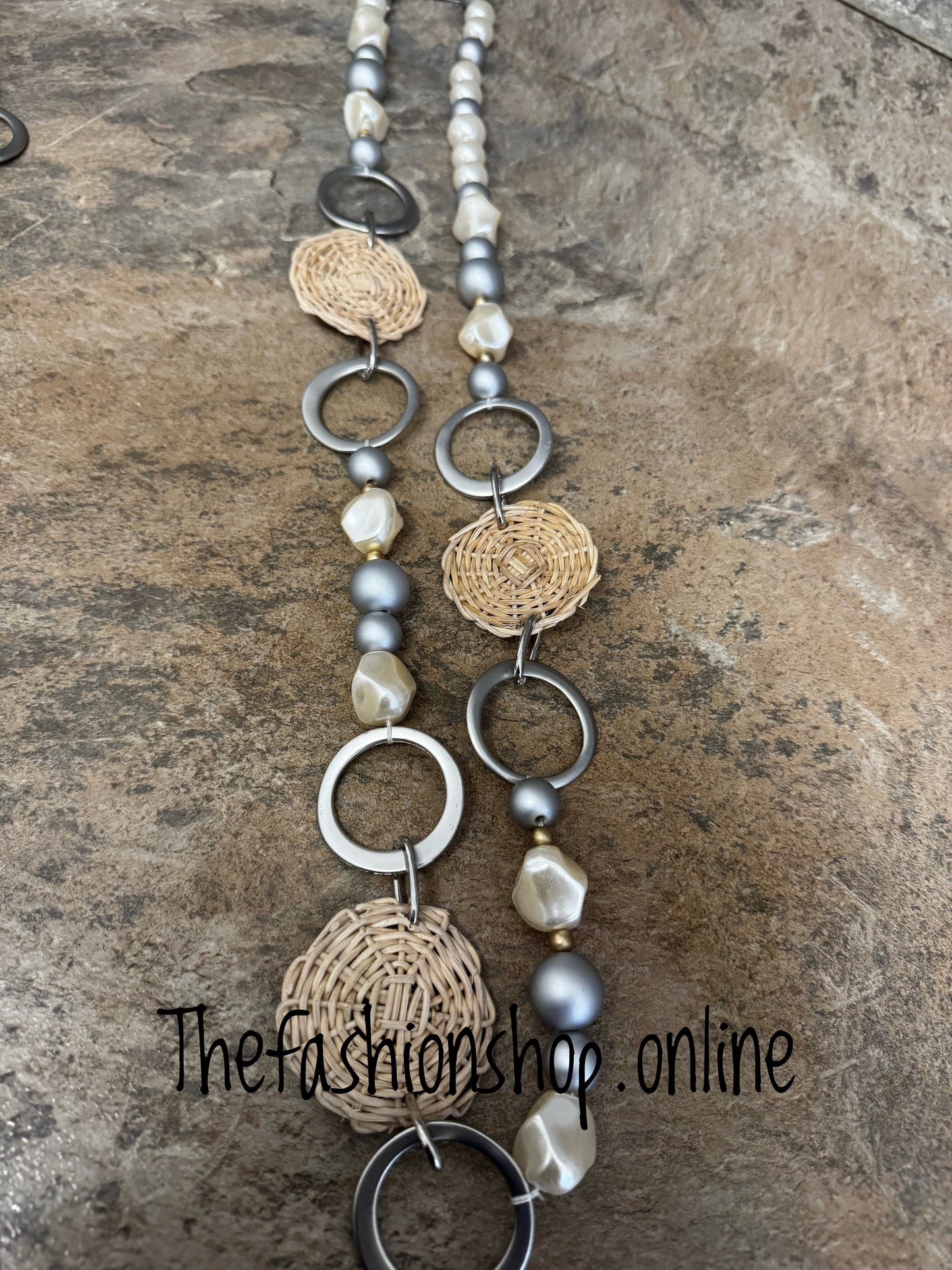 Silver grey pearl and wicker statement necklace