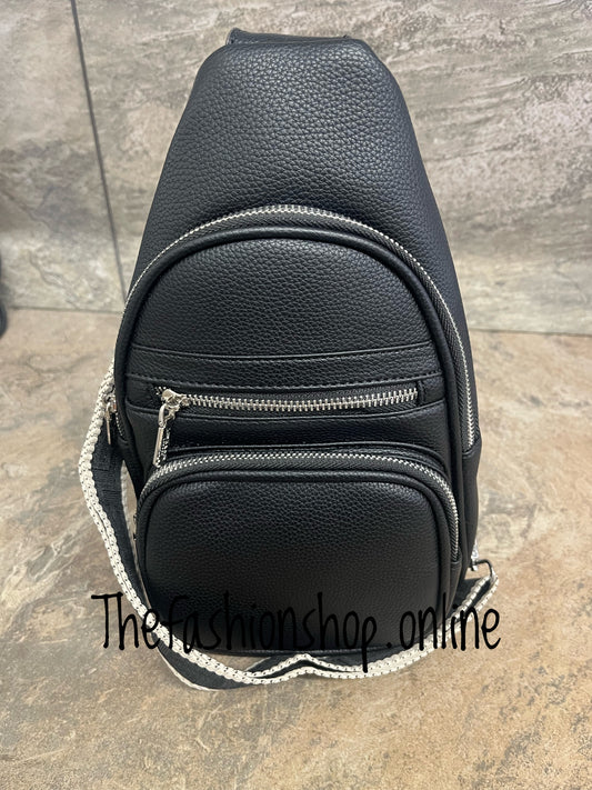 Black multi zip sling bag
