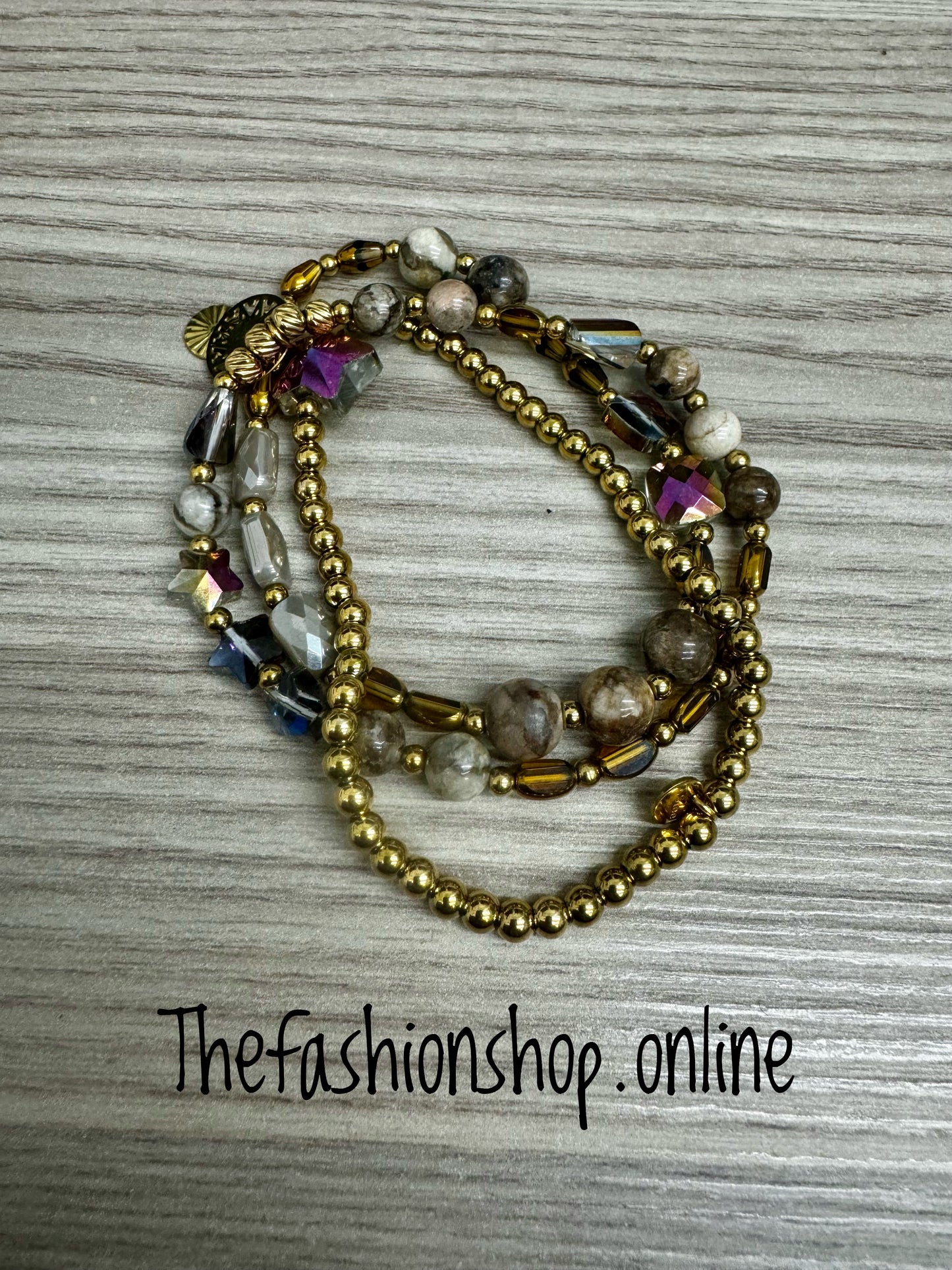 Gold triple beaded disc bracelet