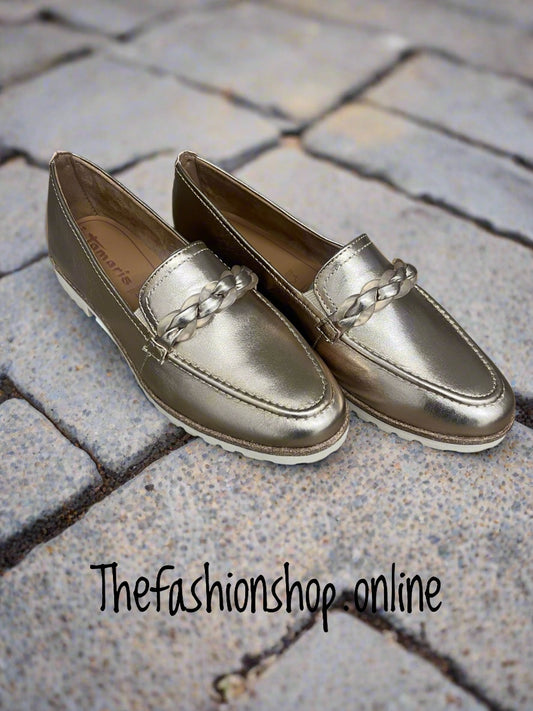 Tamaris gold leather loafer with chain detail sizes 4-9