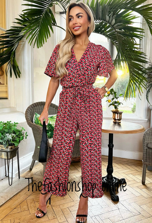 AX Paris red floral printed butterfly sleeve belted jumpsuit sizes 8-16