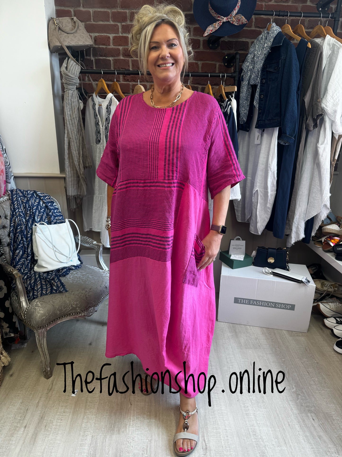 Hot Pink Funky Striped Linen Dress 14-22