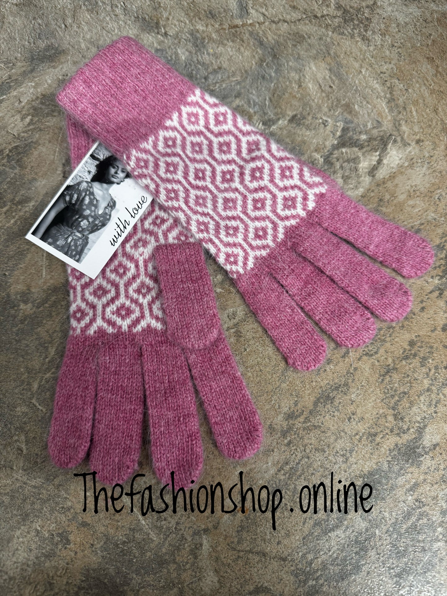 Pink honeycomb wool mix gloves