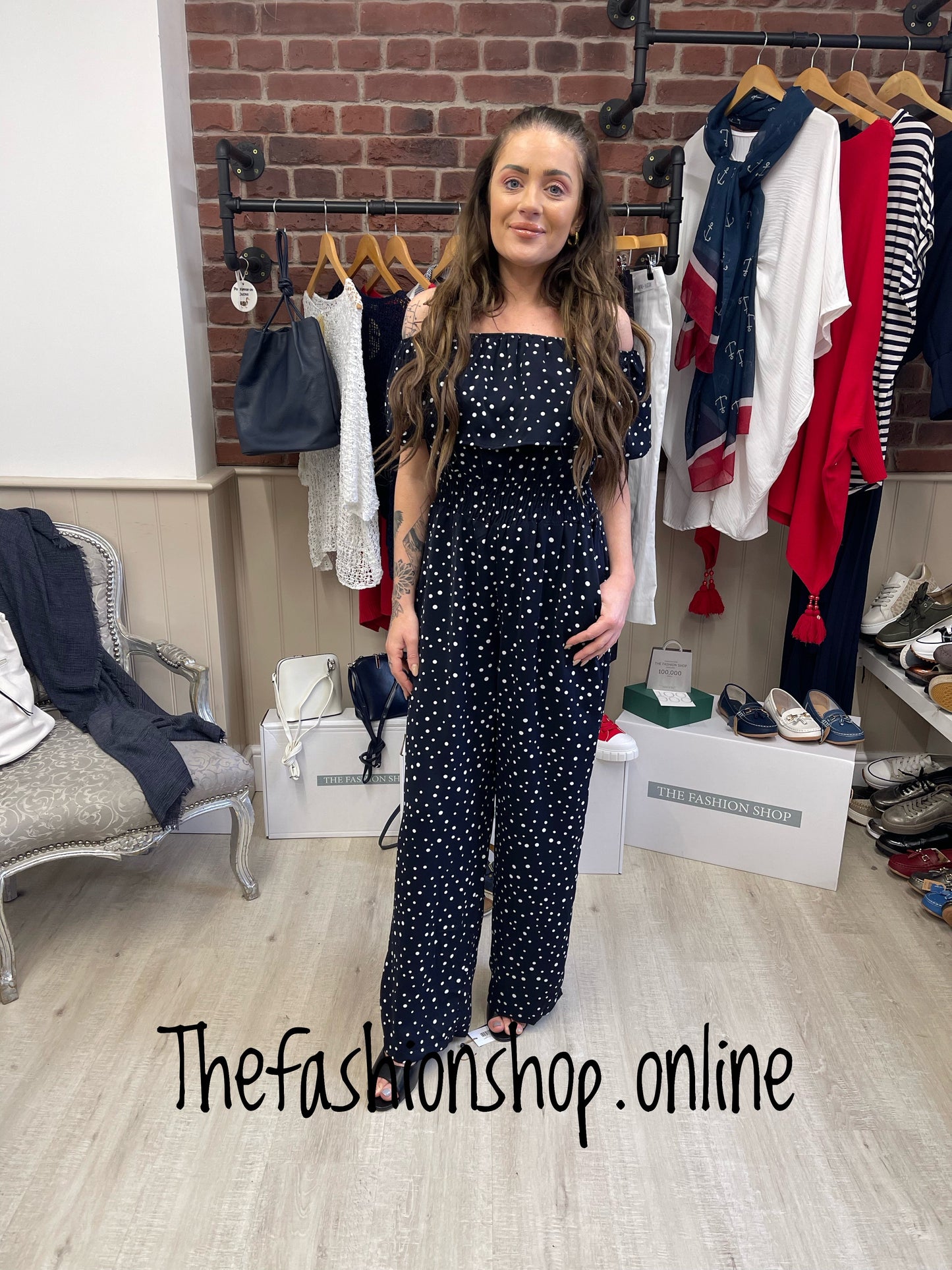 AX Paris navy polka dot bardot jumpsuit sizes 8-16