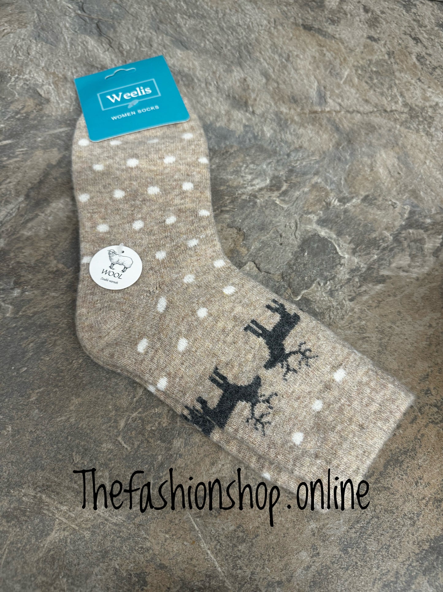 Beige wool mix reindeer socks 3-8