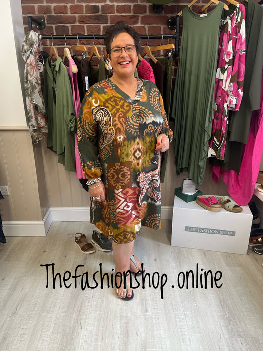 Khaki patterned v neck tunic 16-20