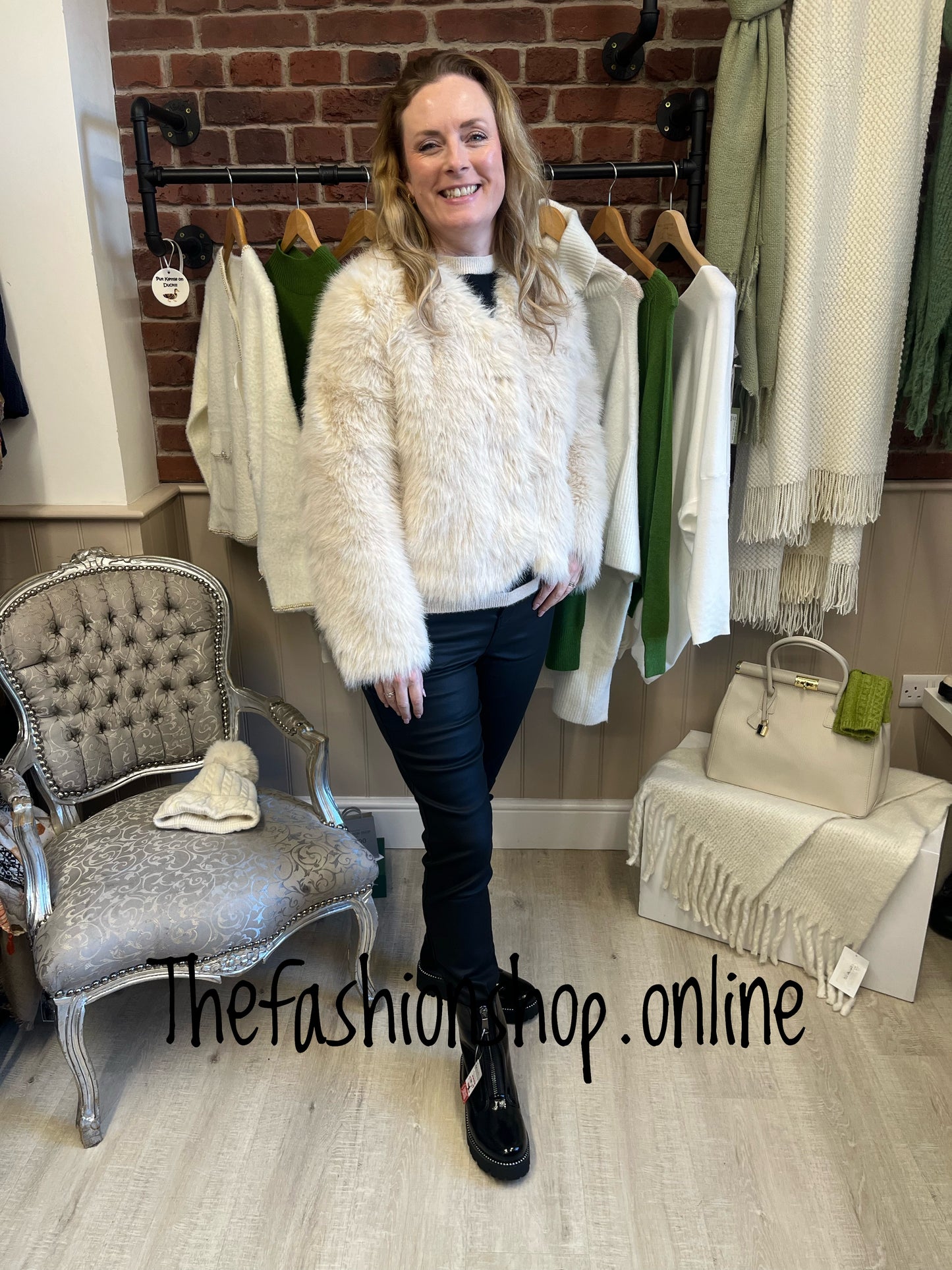 Cream faux fur collarless jacket sizes 8-12 and 14-16