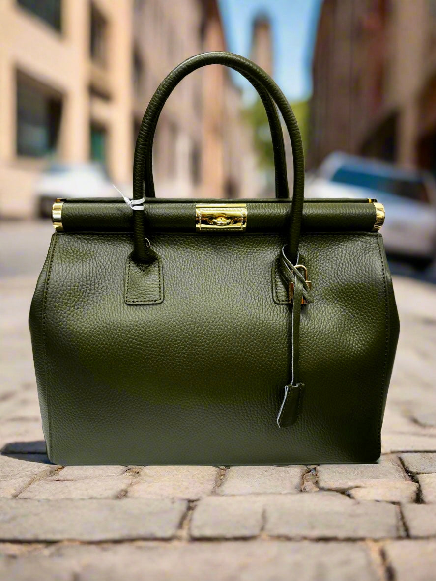 Sarah Tempest Italian khaki leather padlock bag