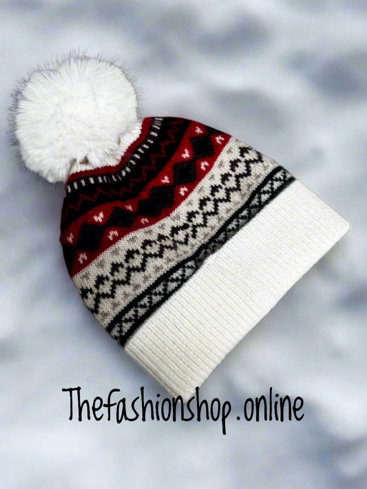 Cream Nordic pompom hat