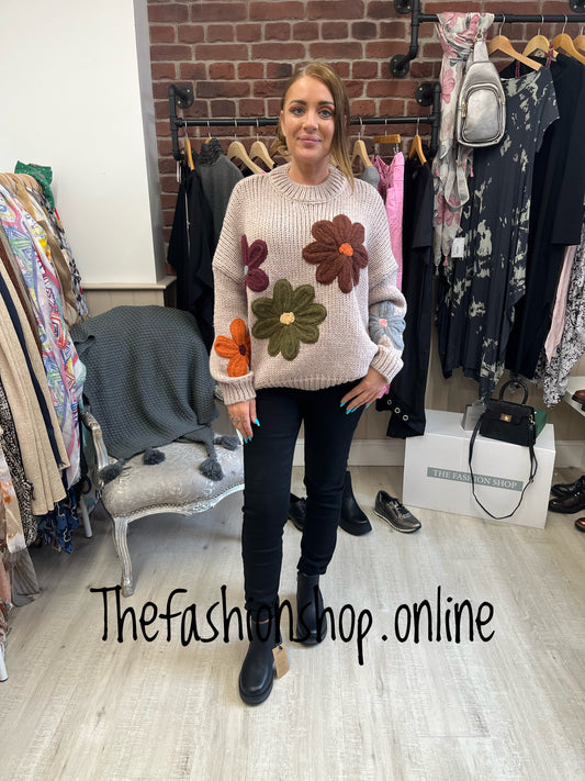 Sienna taupe multi flower knitted jumper 8-18