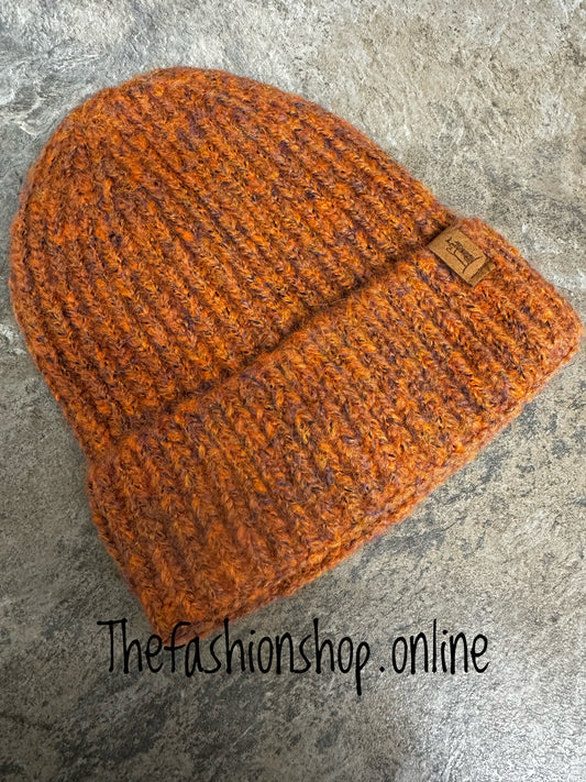 Huddy's rust orange flecked beanie hat