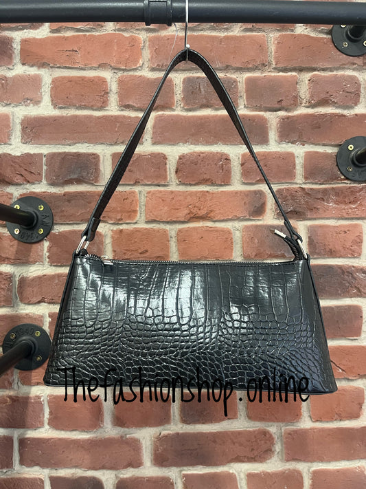 Black mock croc baguette shoulder bag