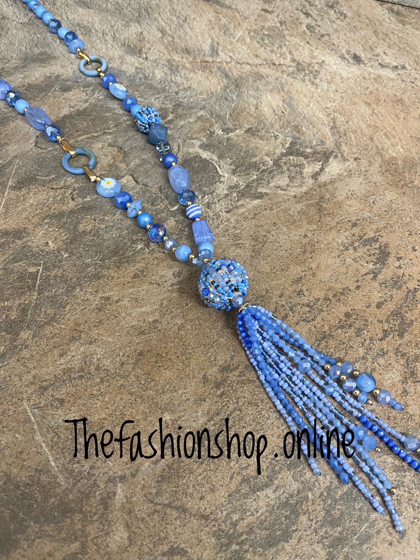 Blue and gold sparkle long necklace