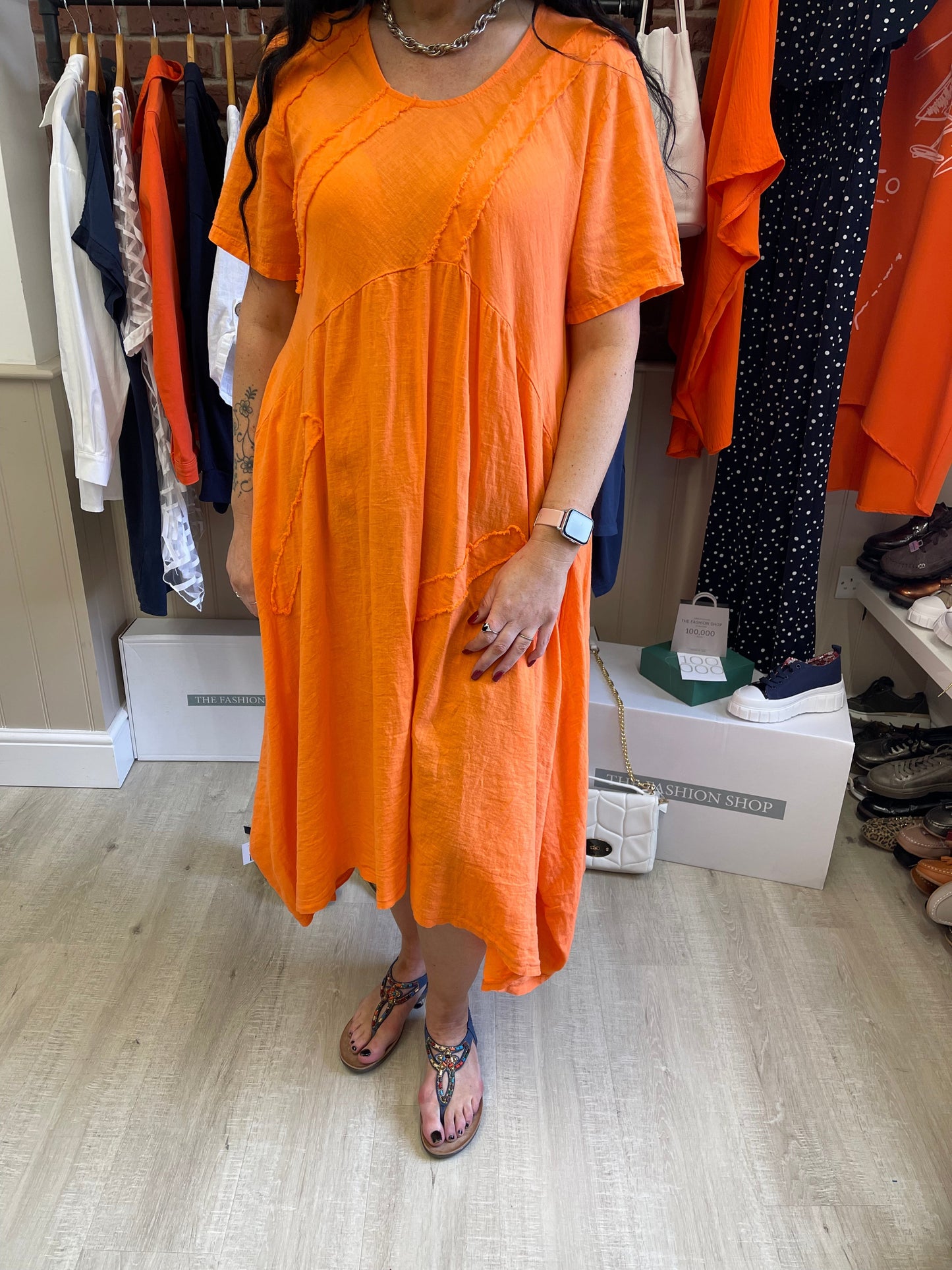 Orange linen dipped hem dress 8-18