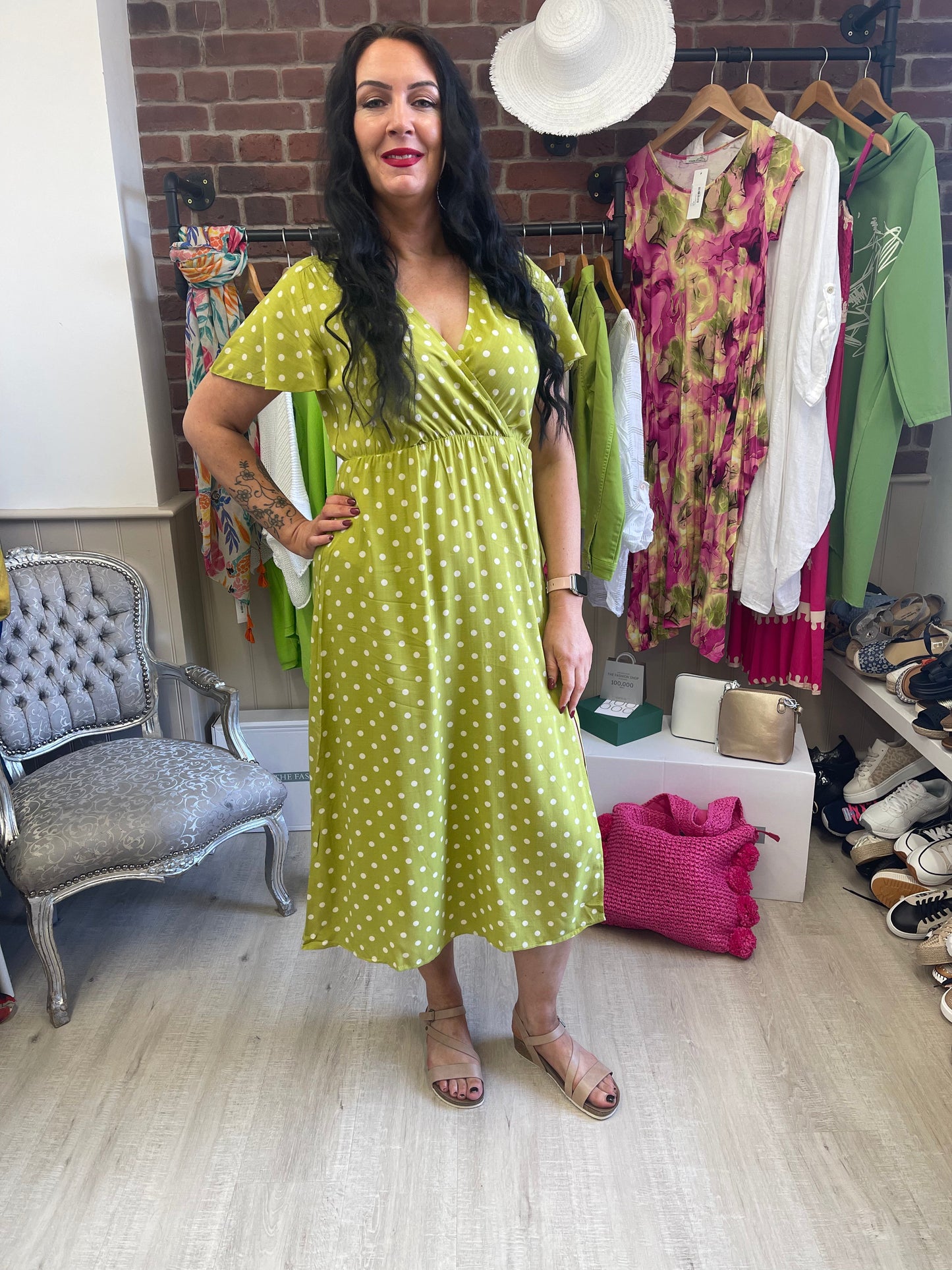 Lime spot dress with side split sizes 10-16