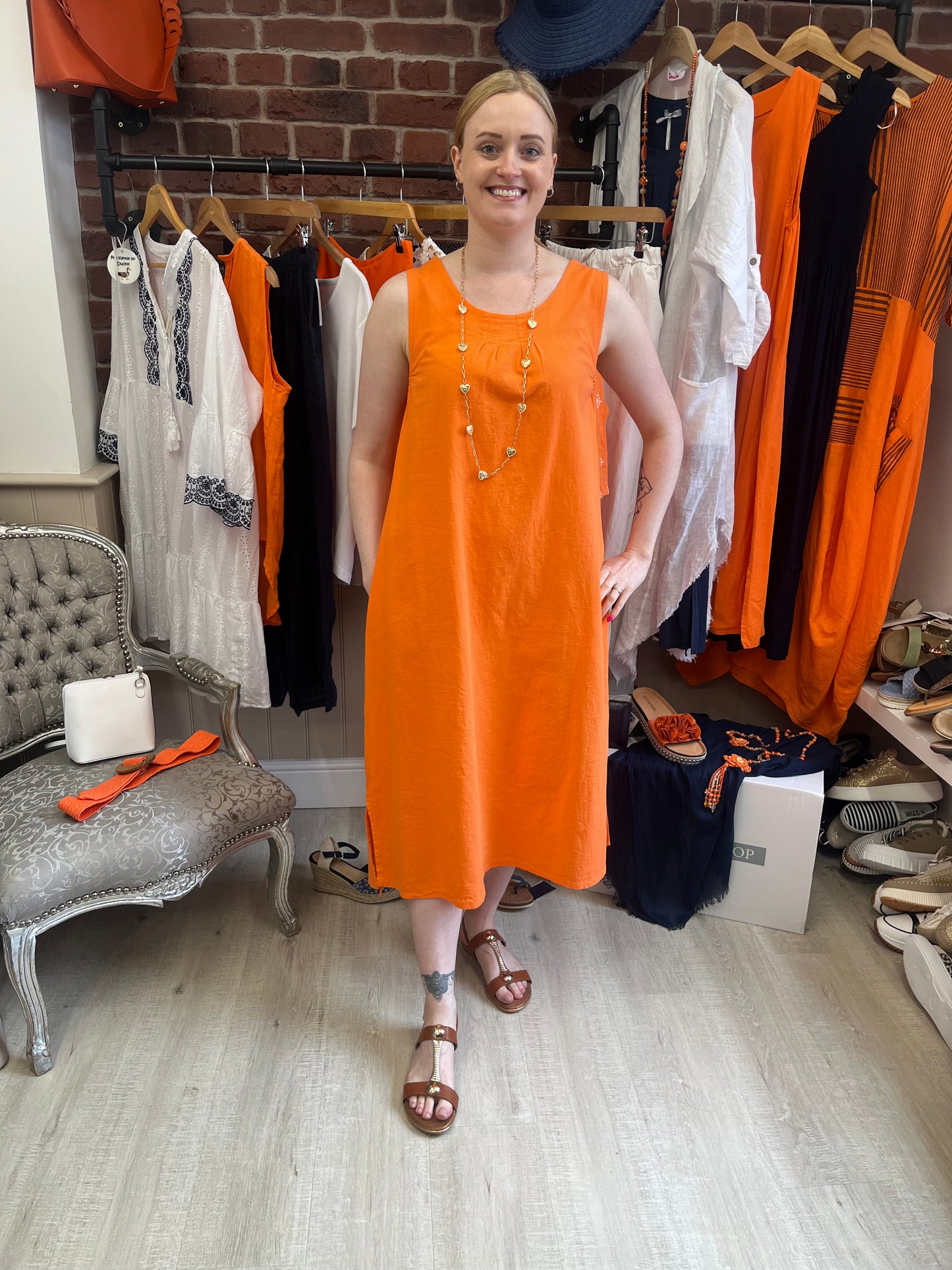 Orange linen mix midi dress 8-16