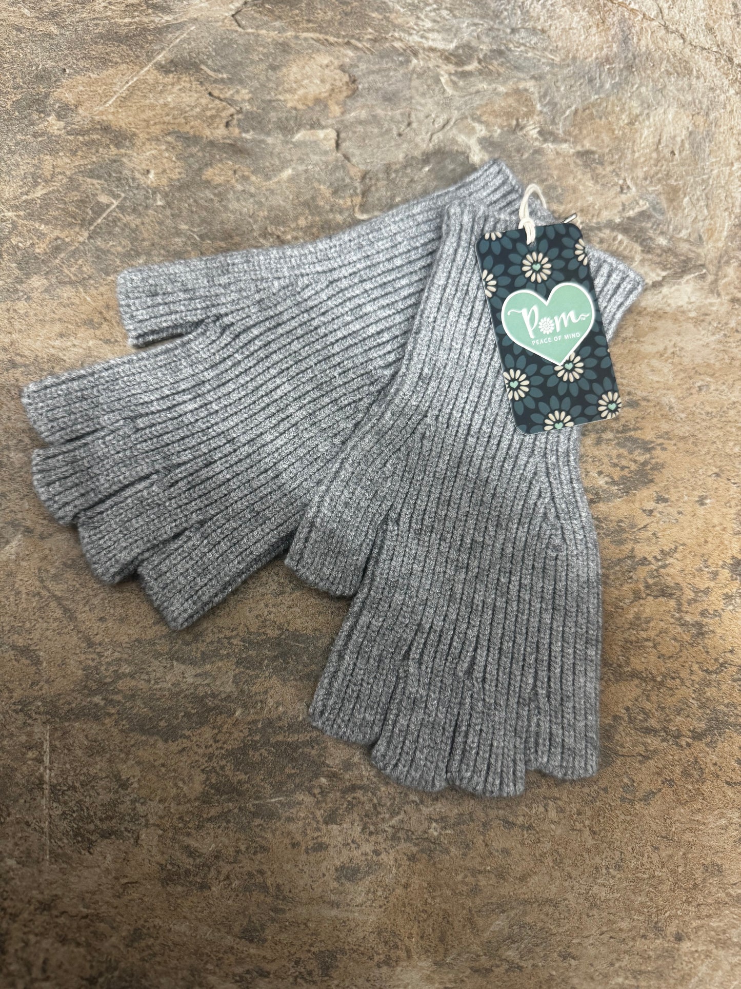 Pom grey ribbed fingerless gloves