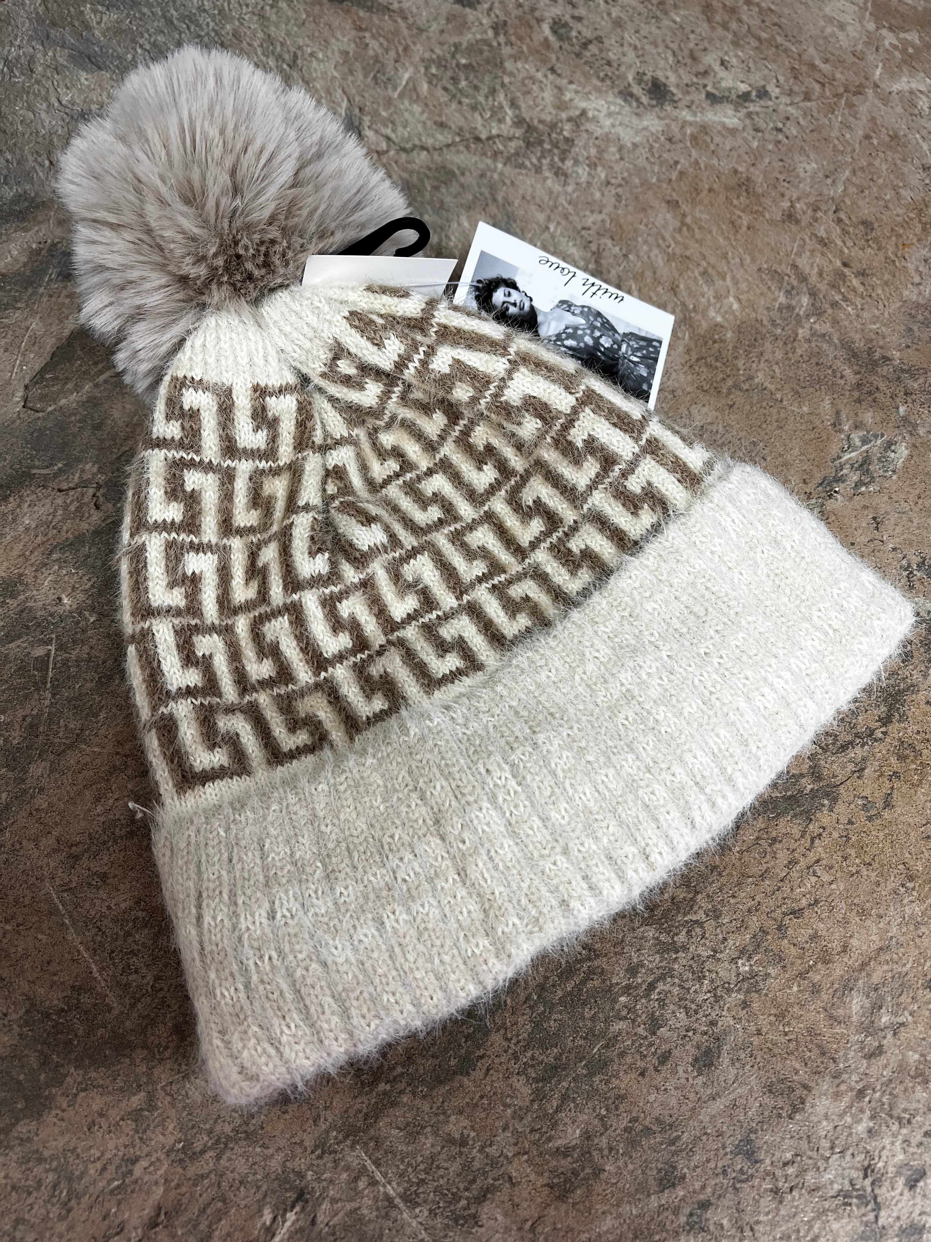 Camel and beige design pompom hat The Fashion Shop