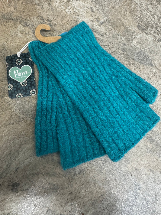 Pom teal yarn knitted fingerless gloves