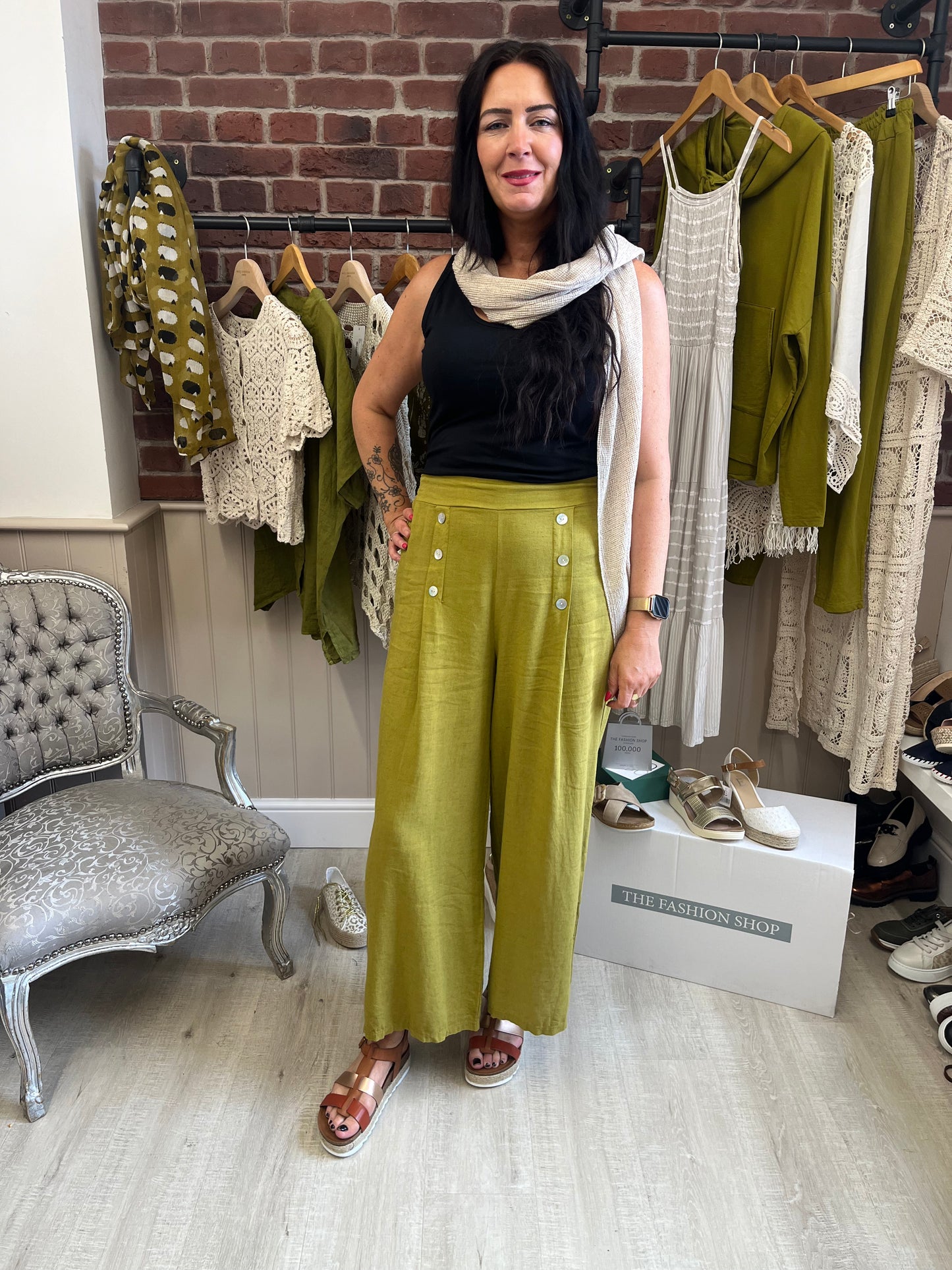 Olive wide leg linen mix trousers 10-14