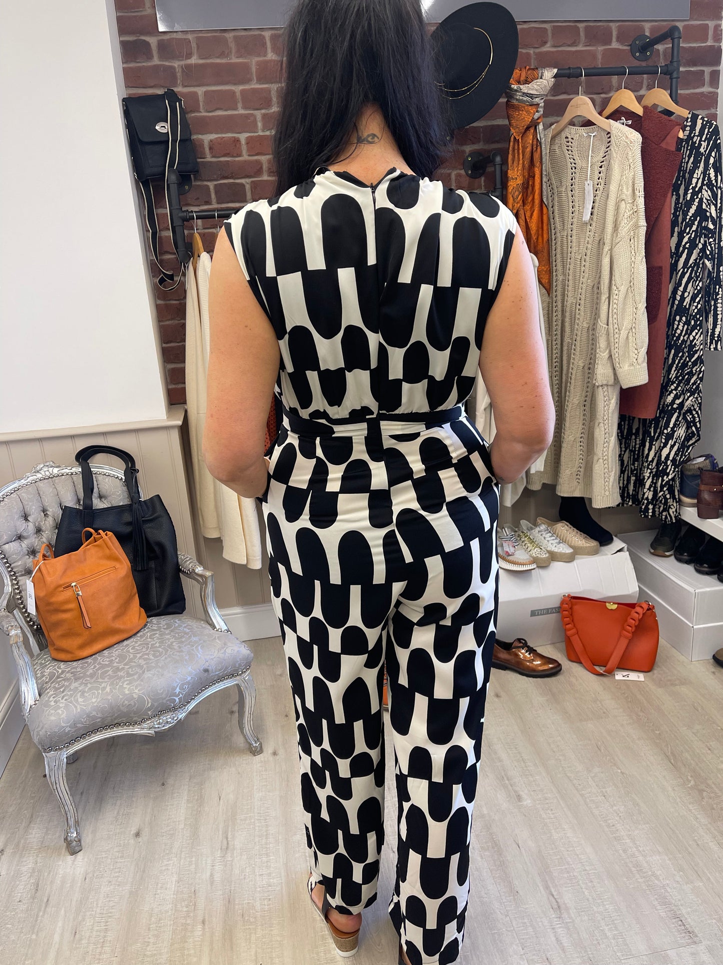 AX Paris Black and cream abstract print jumpsuit sizes 8-16